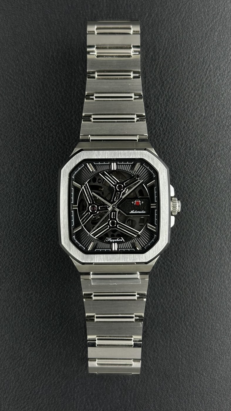 Orient Esqueleto Automático Prata/Preto Quadrado