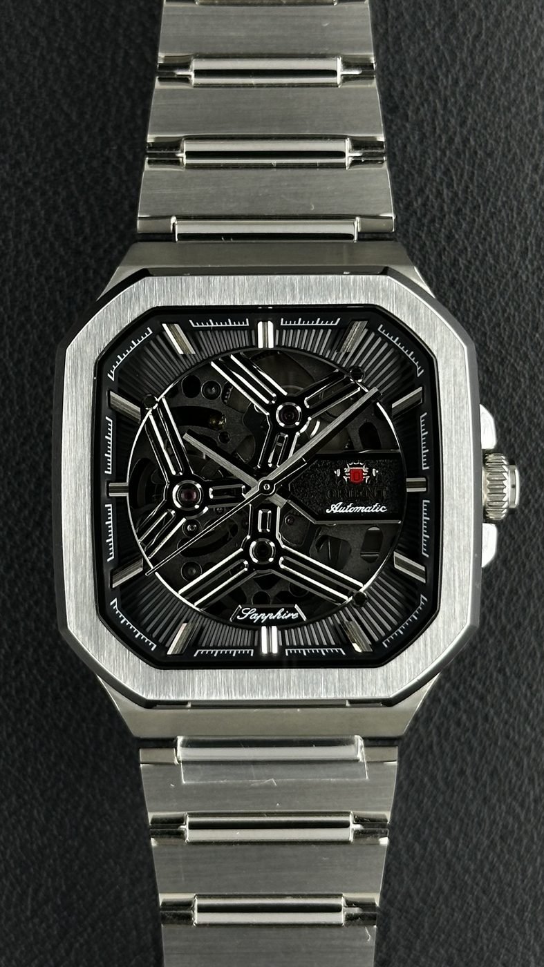 Orient Esqueleto Automático Prata/Preto Quadrado