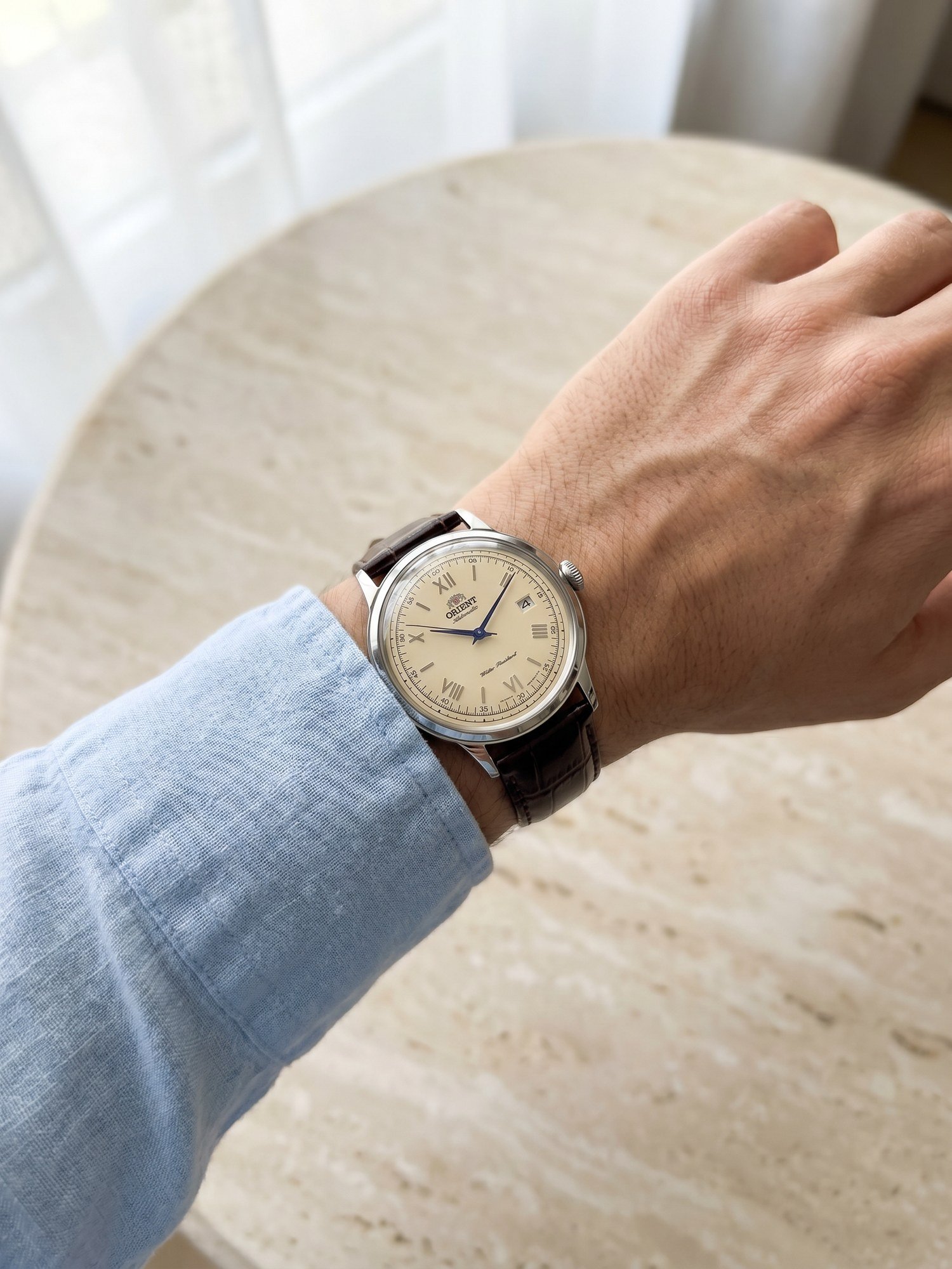 Orient Bambino Classic V2 Automático Bege Couro