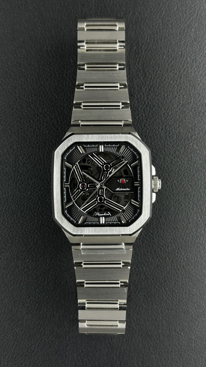 Orient Esqueleto Automático Prata/Preto Quadrado