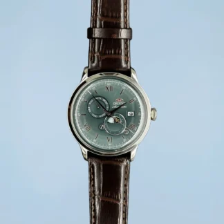 Relógio Orient Bambino Sun & Moon Automático Verde Couro