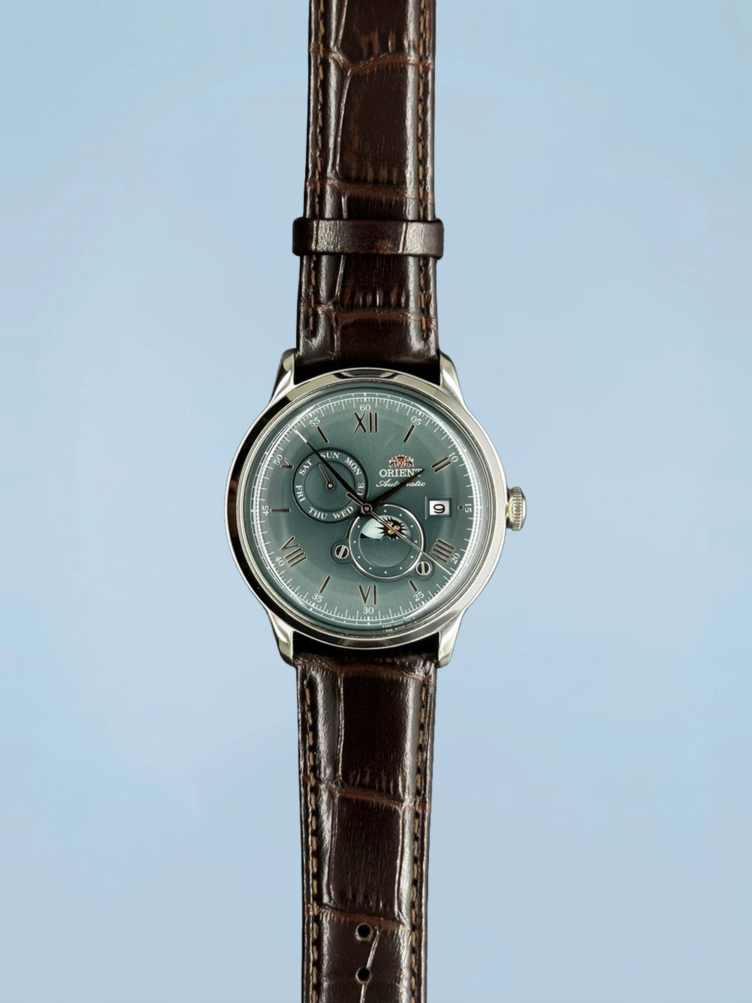 Orient Bambino Sun & Moon Automático Verde Couro