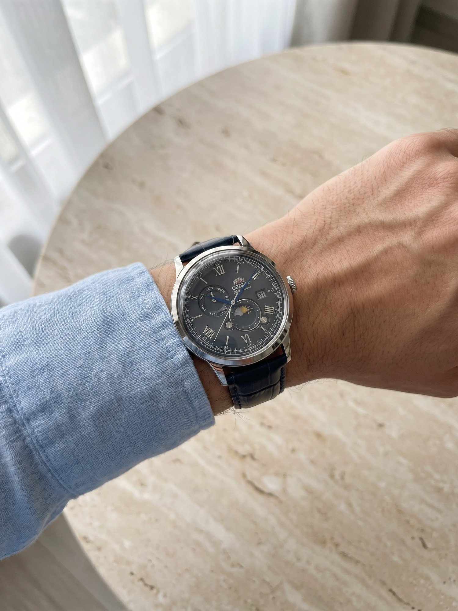 Orient Bambino Sun & Moon Automático Azul Couro