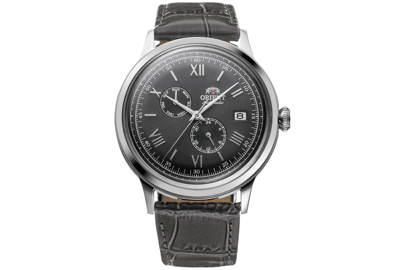 Orient Bambino V2 Automático Multifunção Cinza Numerais Romanos Couro