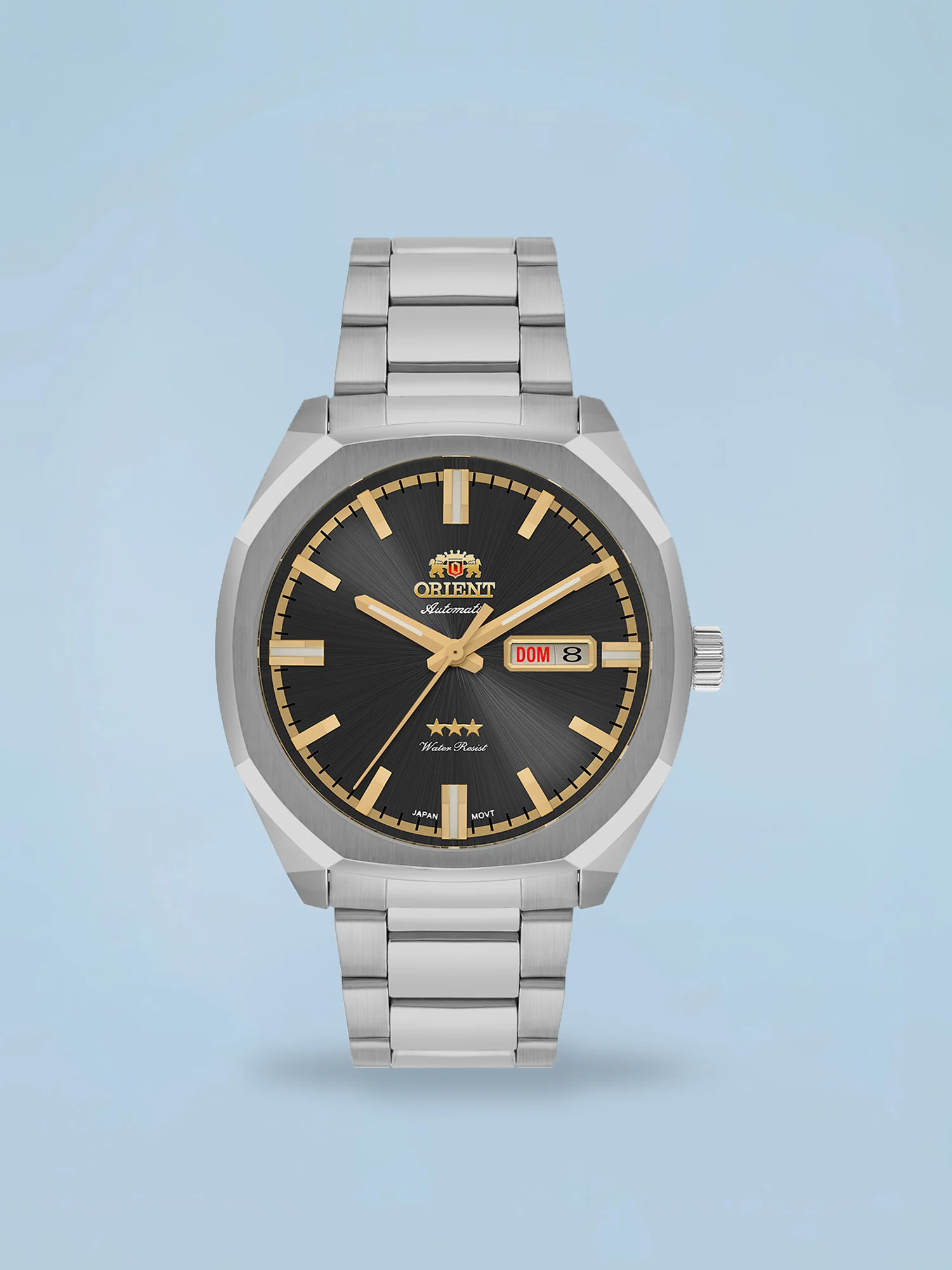 Orient 3 Estrelas Automático Preto e Dourado Calendário Duplo