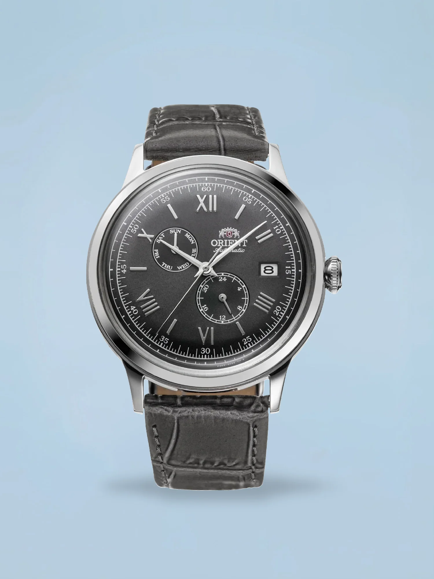 Orient Bambino V2 Automático Multifunção Cinza Numerais Romanos Couro