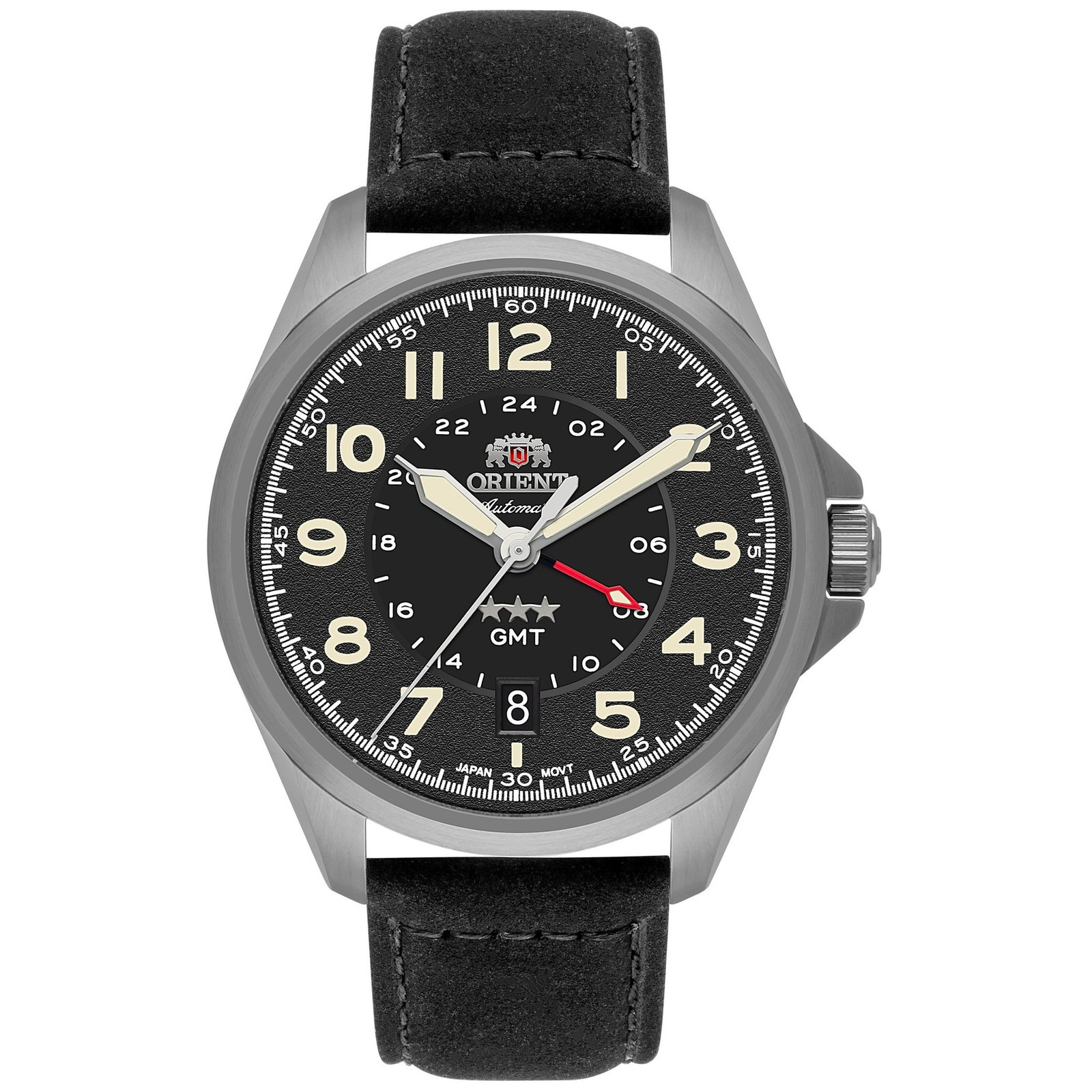 Orient 3 Estrelas Sport Land Automático GMT Preto Couro