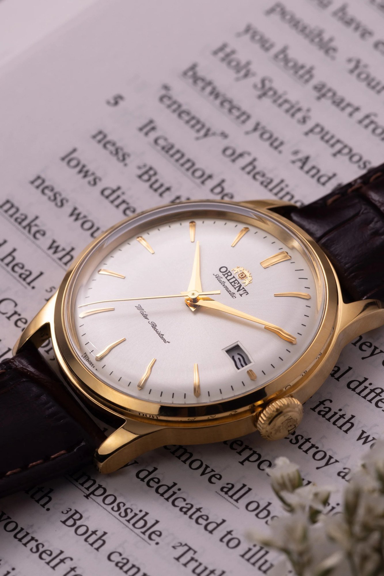 Orient Bambino V7 Automático Branco e Dourado Couro
