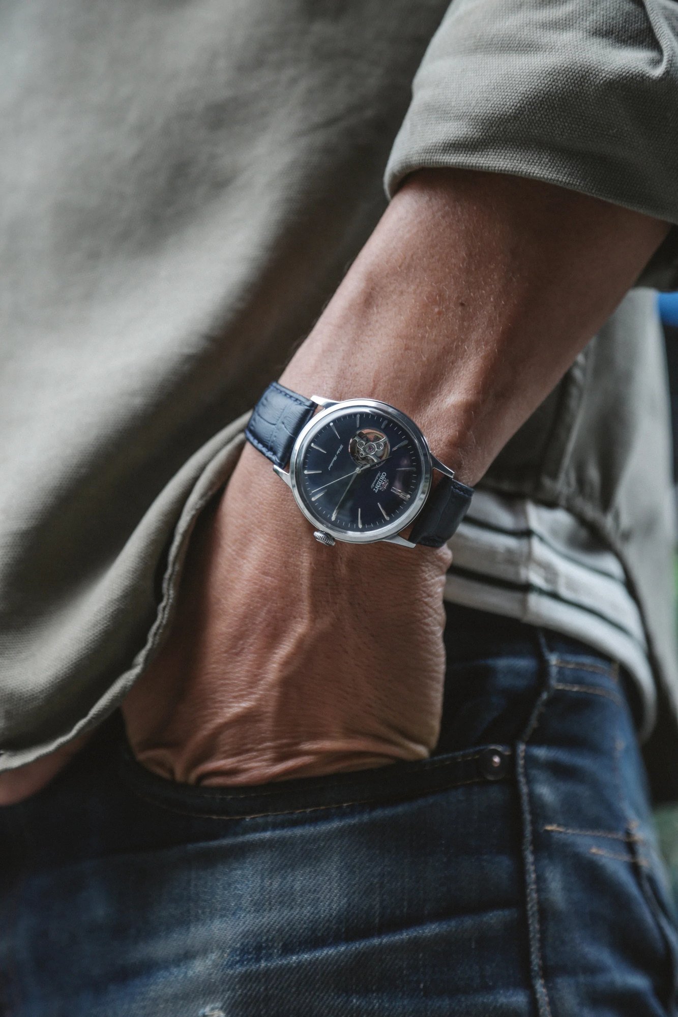 Orient Bambino Open Heart Automático Azul Couro