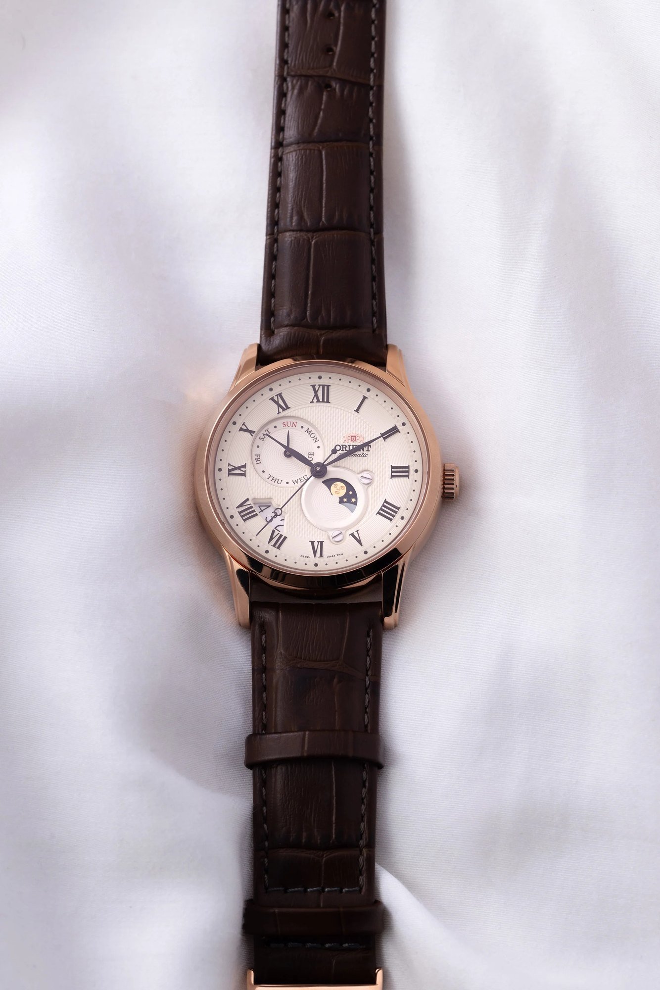 Orient Bambino Sun & Moon V3 Bege Rosé Gold Couro