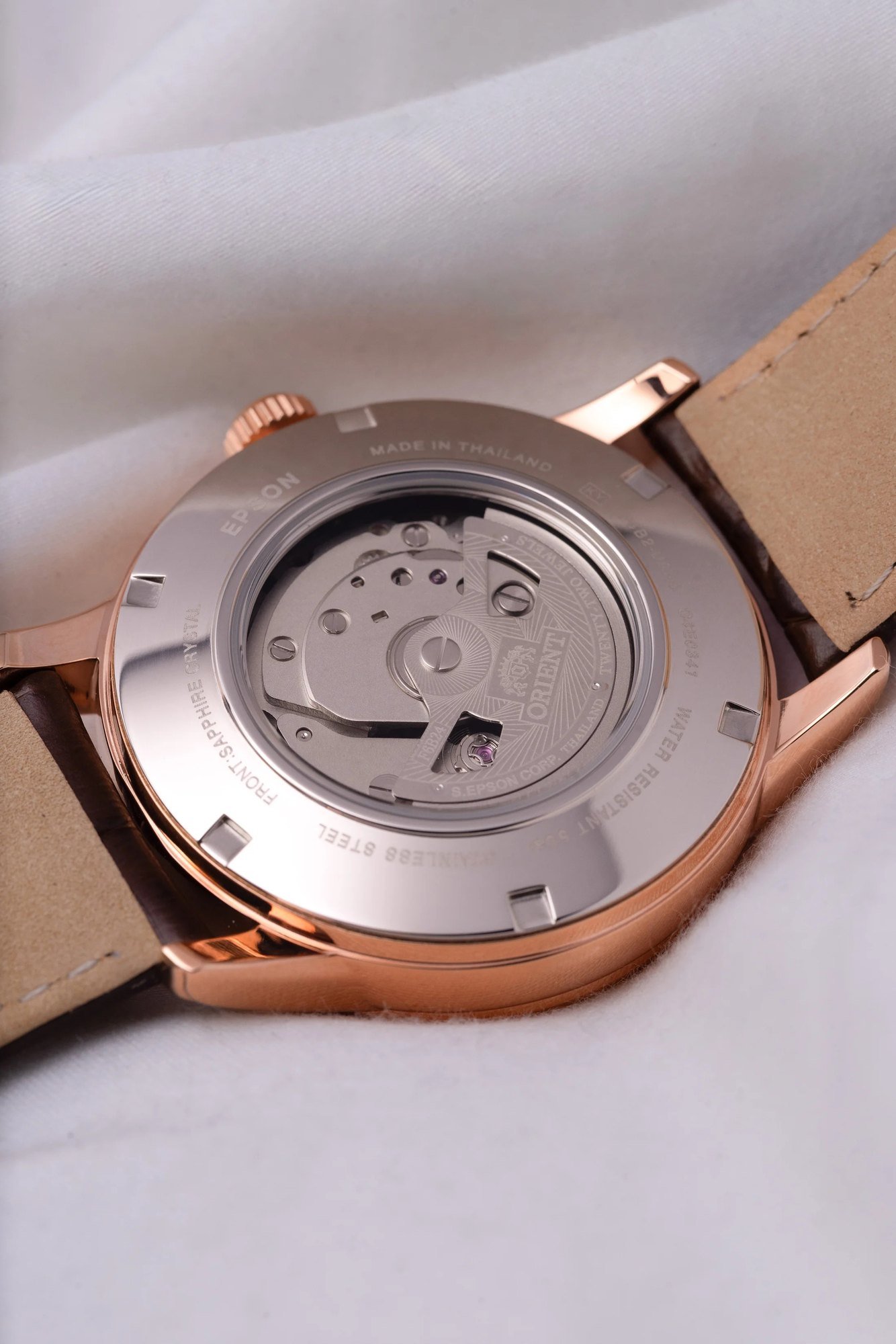 Orient Bambino Sun & Moon V3 Bege Rosé Gold Couro