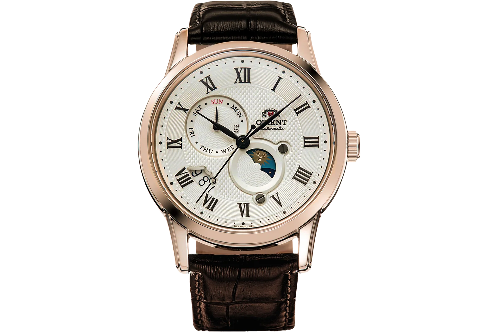 Orient Bambino Sun & Moon V3 Bege Rosé Gold Couro