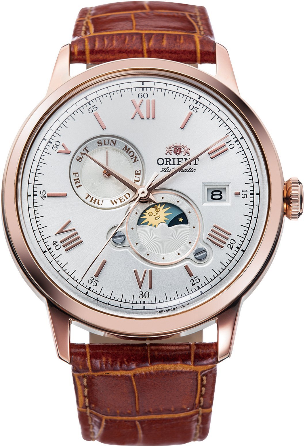Orient Bambino V9 Sun & Moon Automático Branco e Rosé Gold Couro