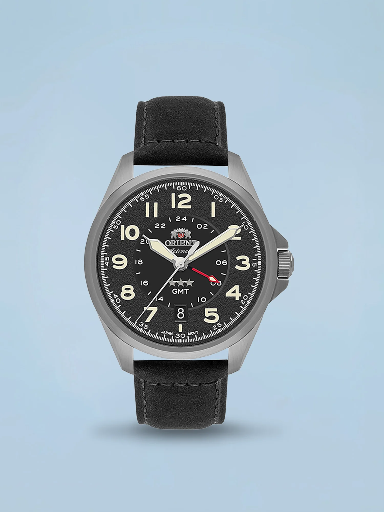 Orient 3 Estrelas Sport Land Automático GMT Preto Couro