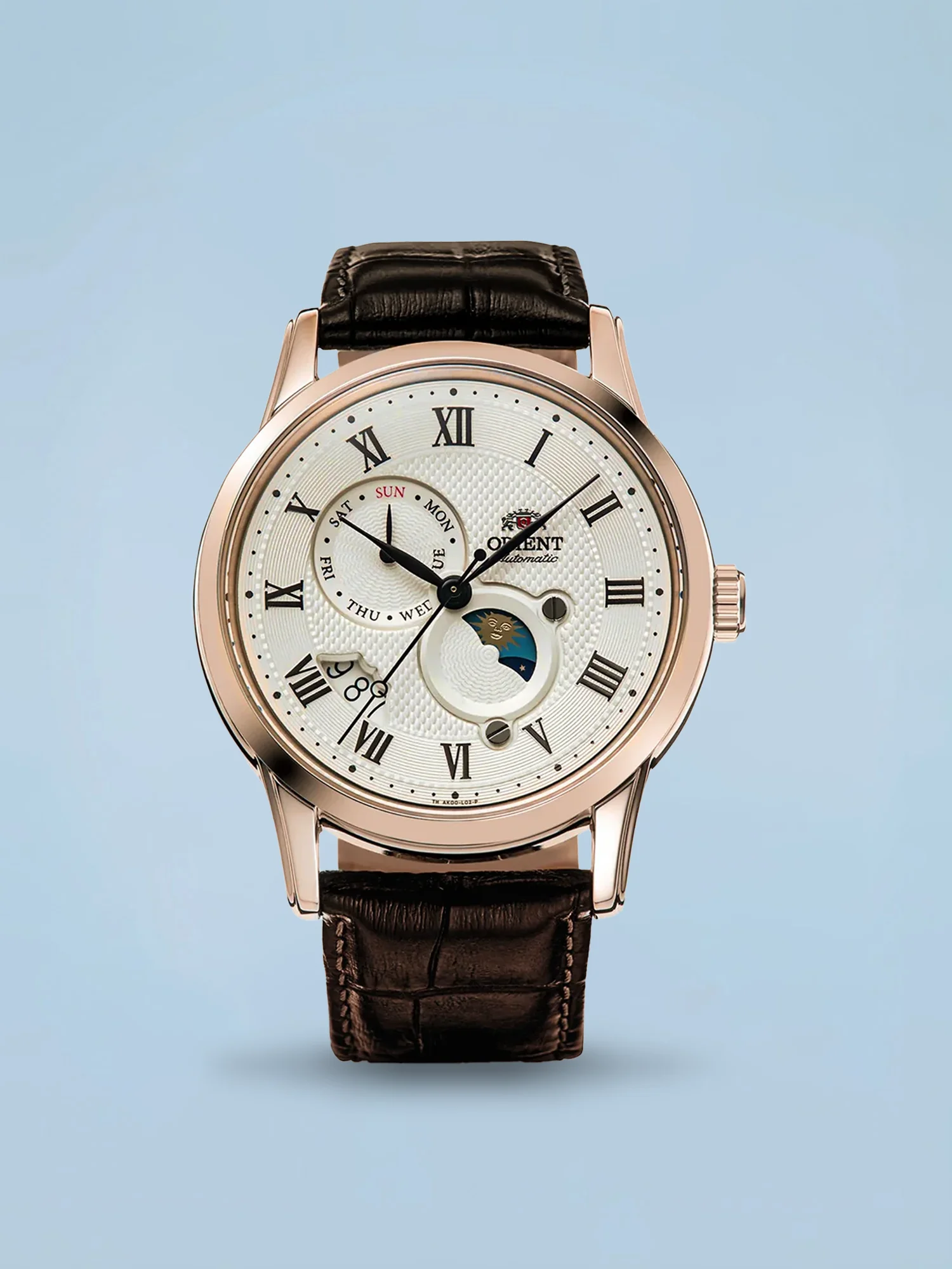 Orient Bambino Sun & Moon V3 Bege Rosé Gold Couro