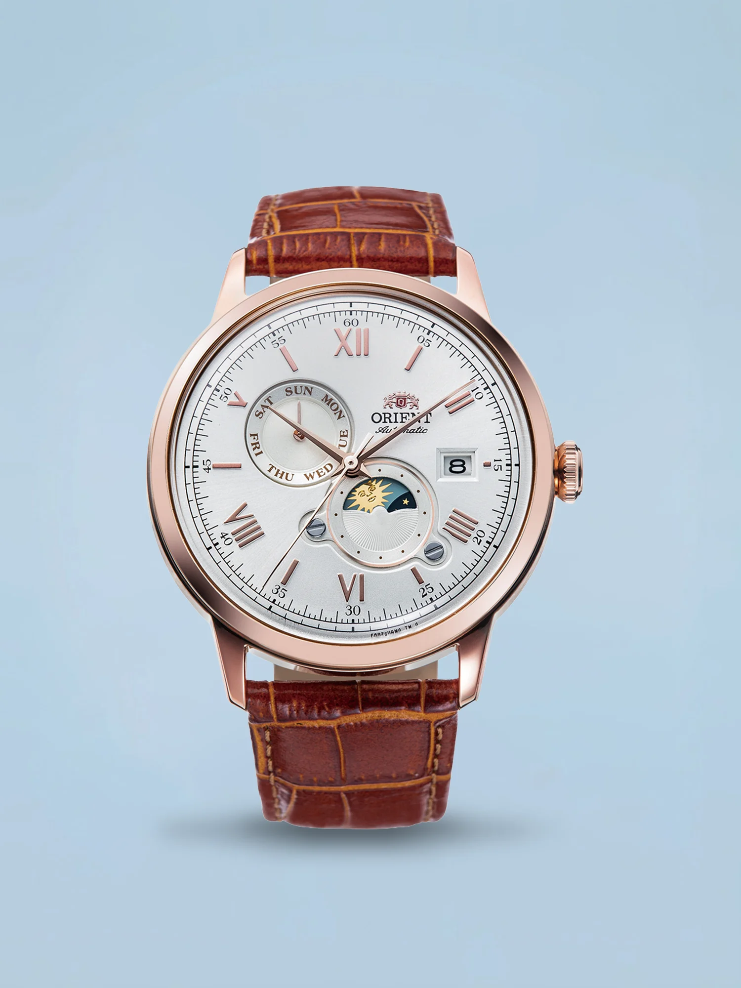 Orient Bambino V9 Sun & Moon Automático Branco e Rosé Gold Couro
